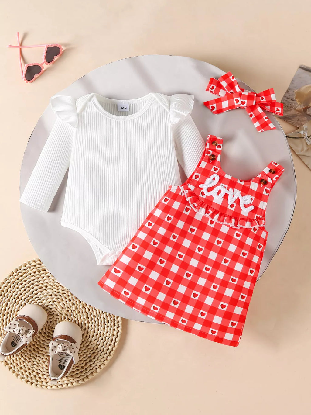 Children's Ruffled Bodysuit and Gingham Dress Set with Headband - Maria de Fatima Andrade