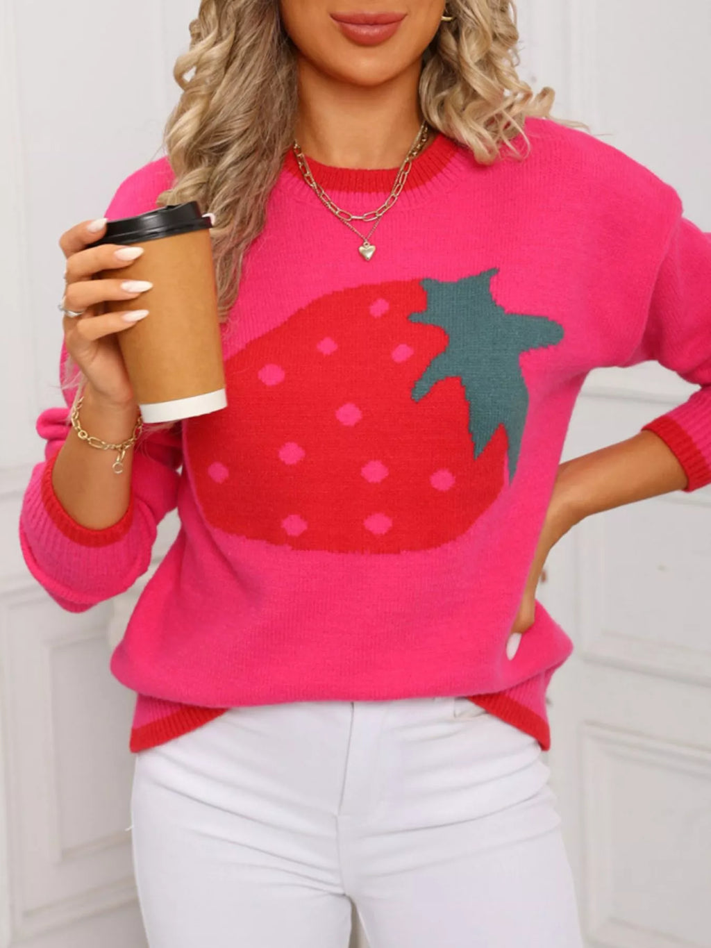 Strawberry Crew Neck Sweater - Maria de Fatima Andrade