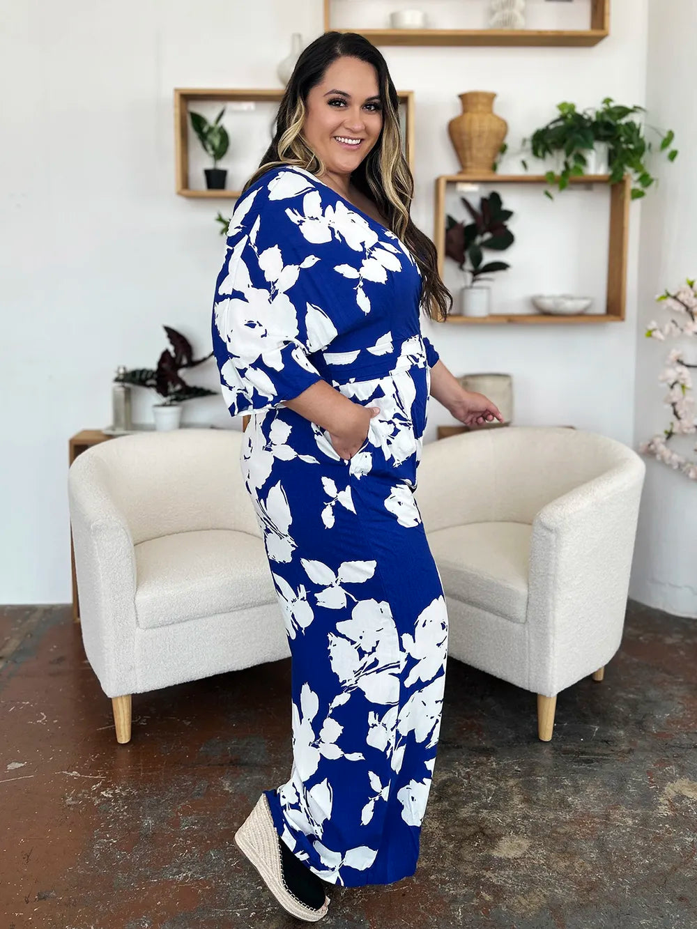 Double Take Full Size Printed Tie Back Wide Leg Jumpsuit - Maria de Fatima Andrade
