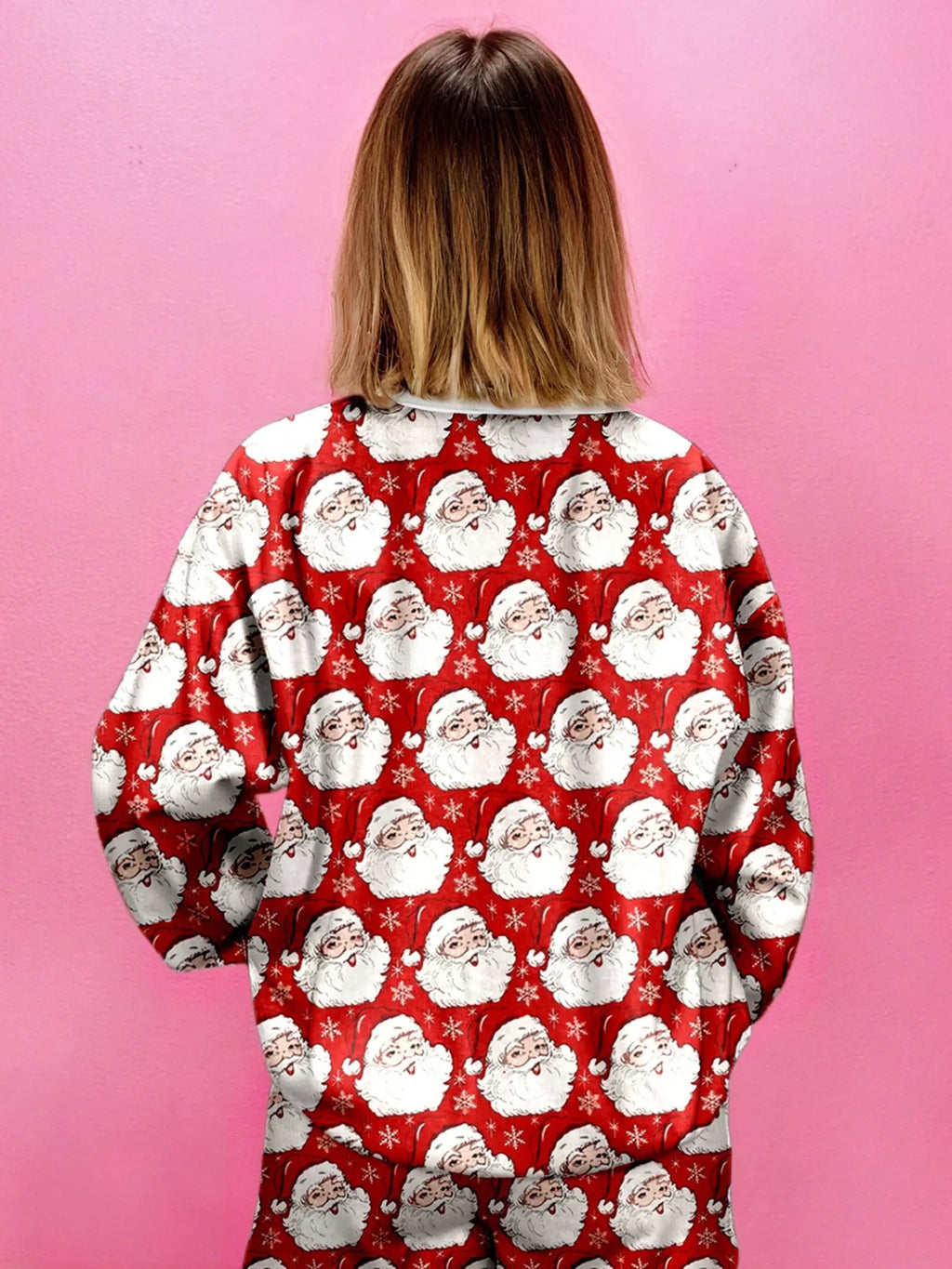 Christmas Santa Print Round Neck Top and Shorts Lounge Set - Maria de Fatima Andrade