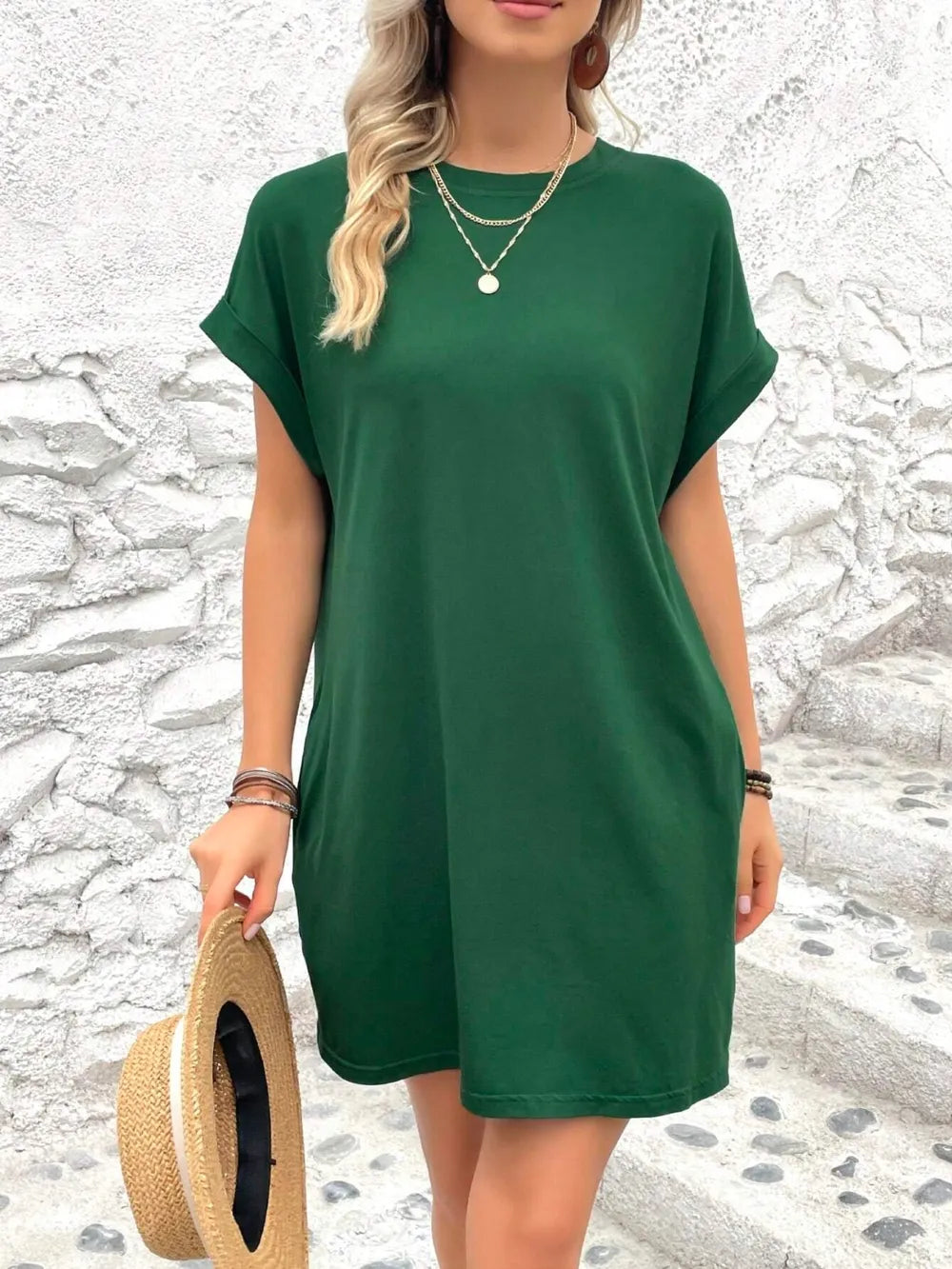 Round Neck Short Sleeve Mini Dress - Maria de Fatima Andrade