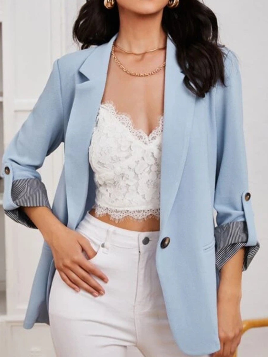 Lapel Collar Roll-Tab Sleeve Blazer - Maria de Fatima Andrade