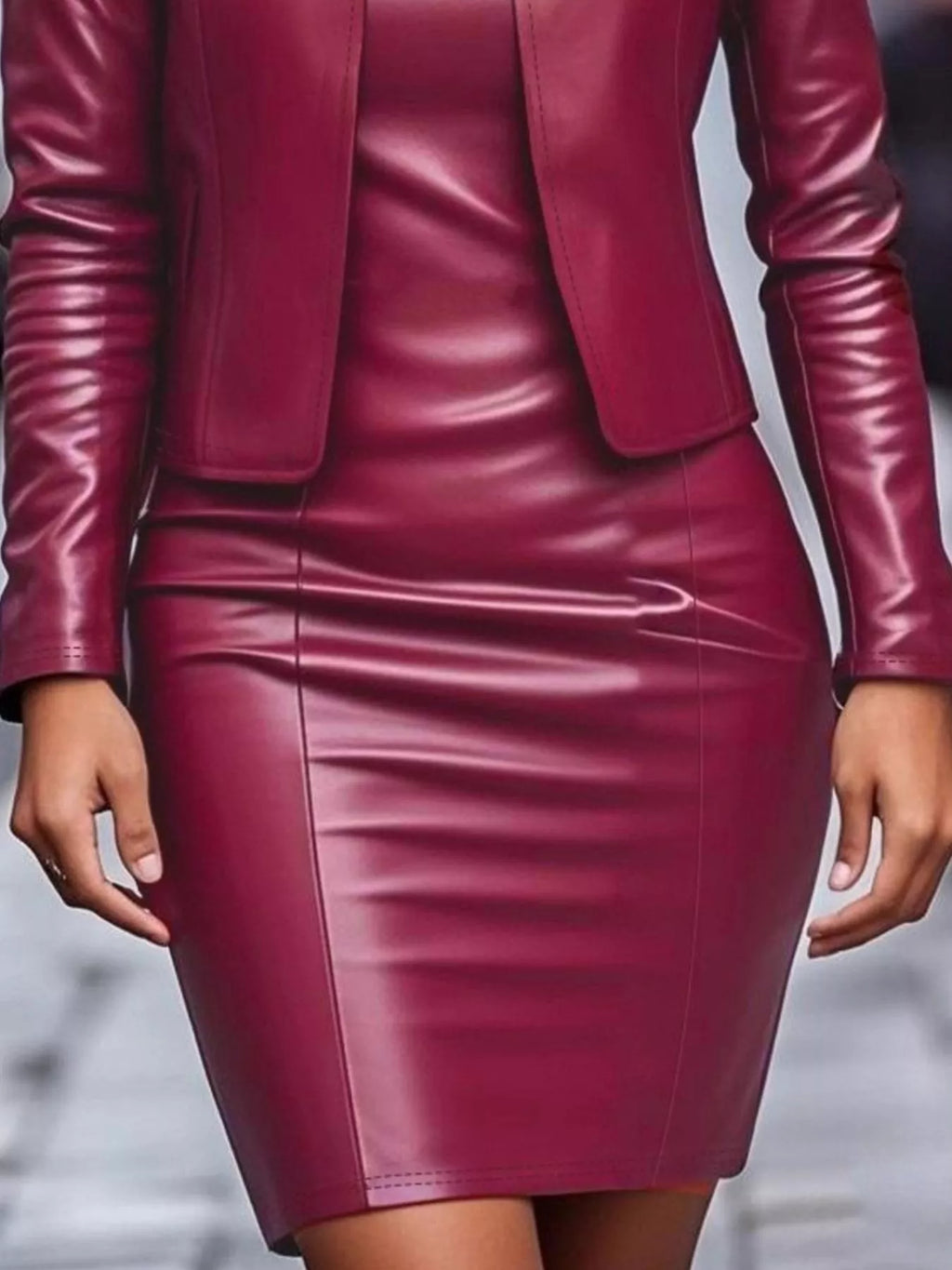 Open Front Leather Jacket & Dress Set - Maria de Fatima Andrade