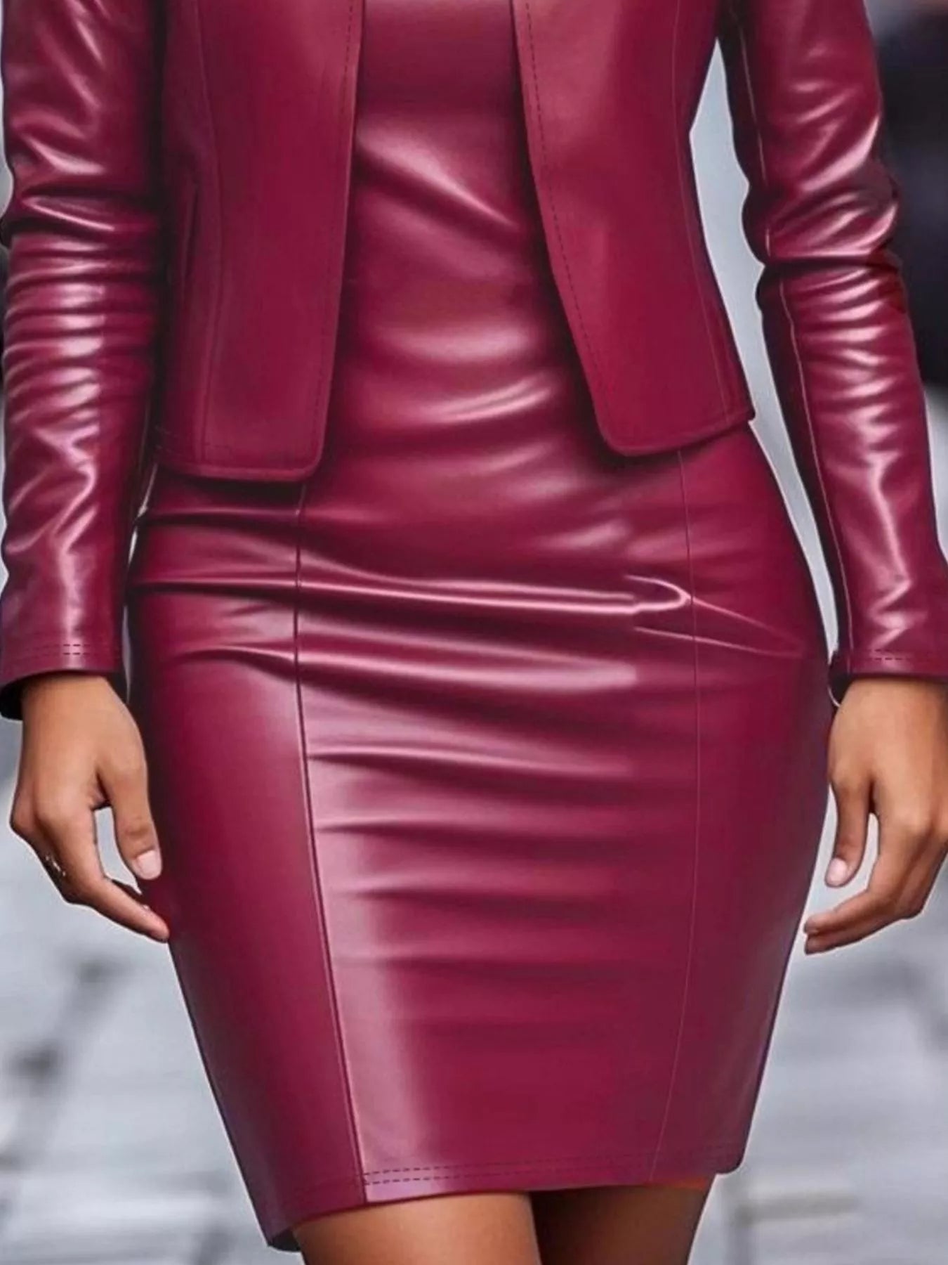 Open Front Leather Jacket & Dress Set - Maria de Fatima Andrade