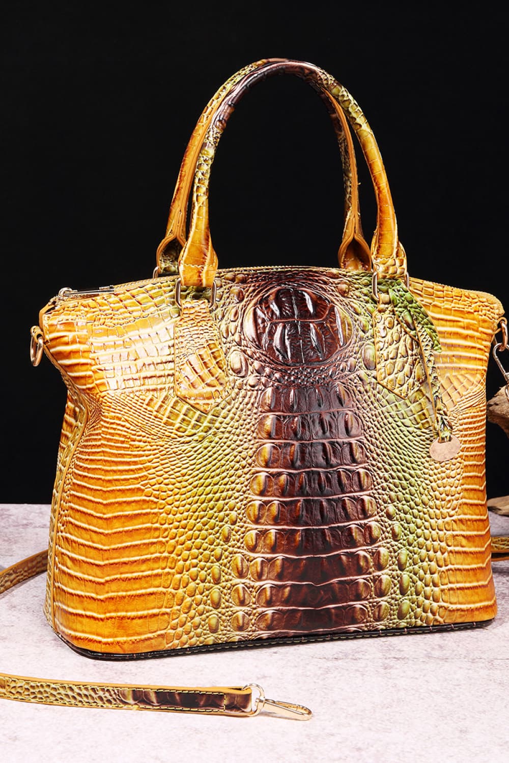 Croc-embossed PU leather handbag with dual top handles, yellow and green gradient.