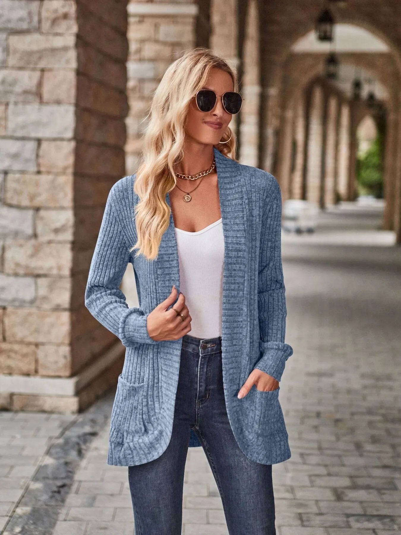 Ribbed Open Front Long Cardigan with Pockets - Maria de Fatima Andrade
