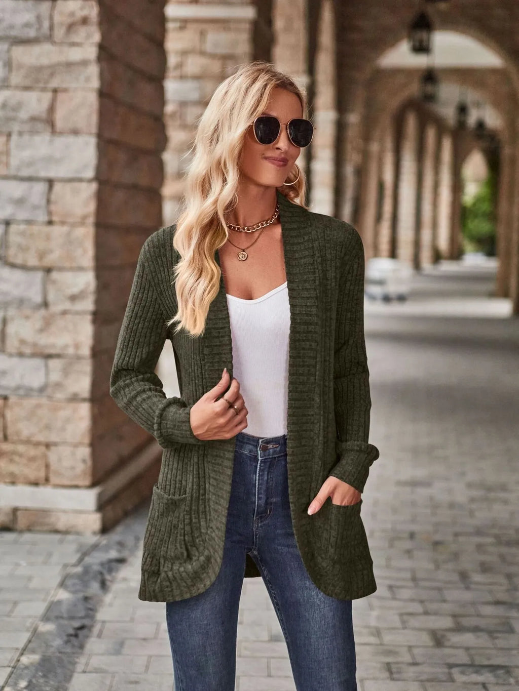 Ribbed Open Front Long Cardigan with Pockets - Maria de Fatima Andrade