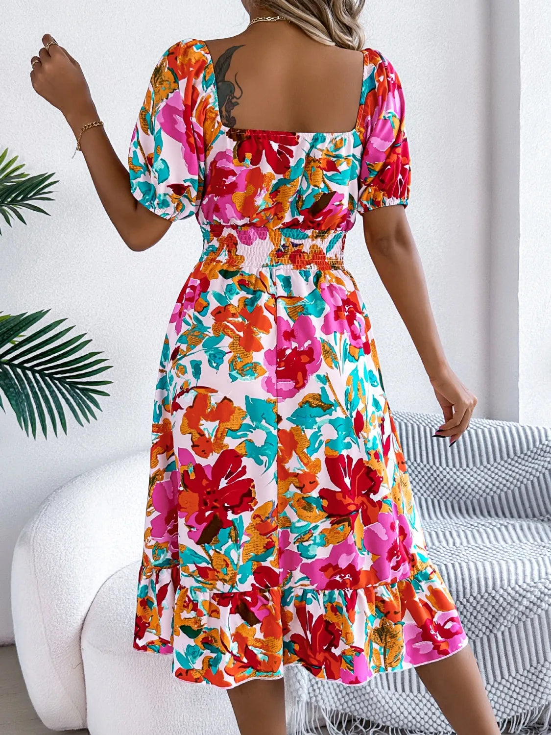 Ruffled Hem Smocked Floral Short Sleeve Midi Dress - Maria de Fatima Andrade