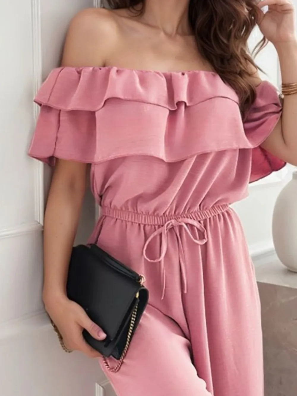 Ruffled Off  Shoulder Wide Leg Jumpsuit - Maria de Fatima Andrade