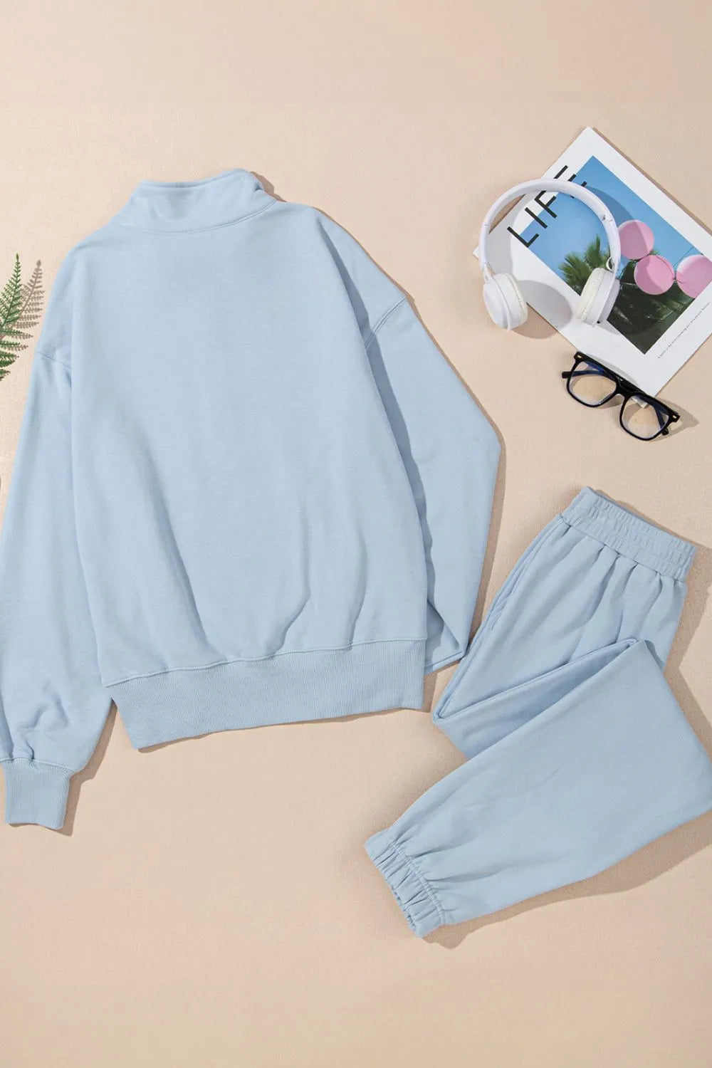 Half Zip Long Sleeve Top and Joggers Set - Maria de Fatima Andrade