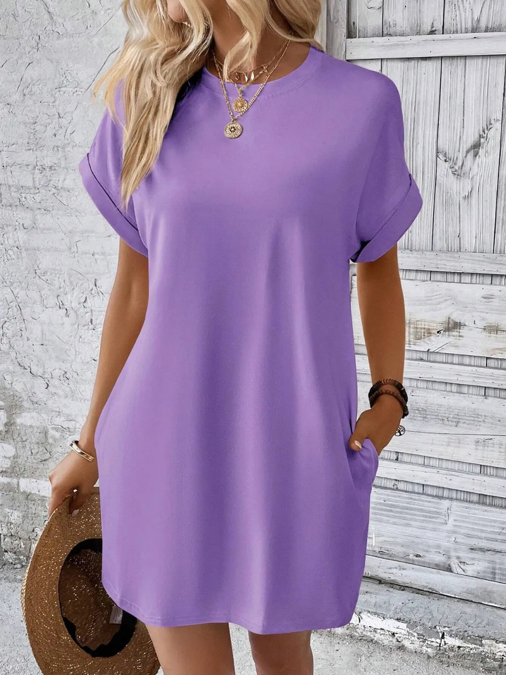 Round Neck Short Sleeve Mini Dress - Maria de Fatima Andrade
