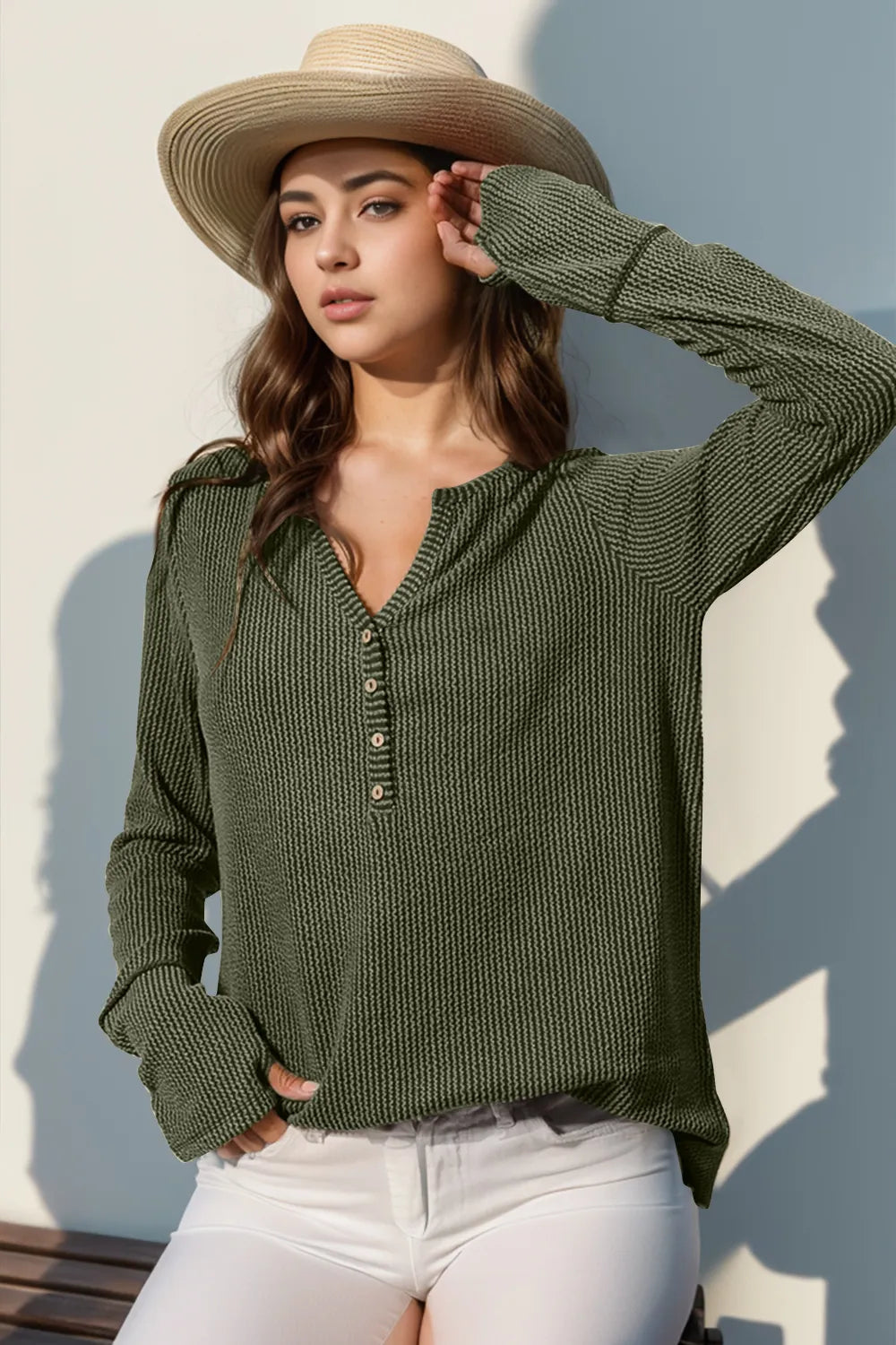 Thumbhole Long Sleeve Button Top - Maria de Fatima Andrade