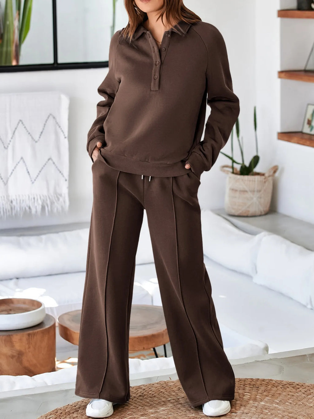 Collared Sweatshirt and High Waist Pants Active Set - Maria de Fatima Andrade