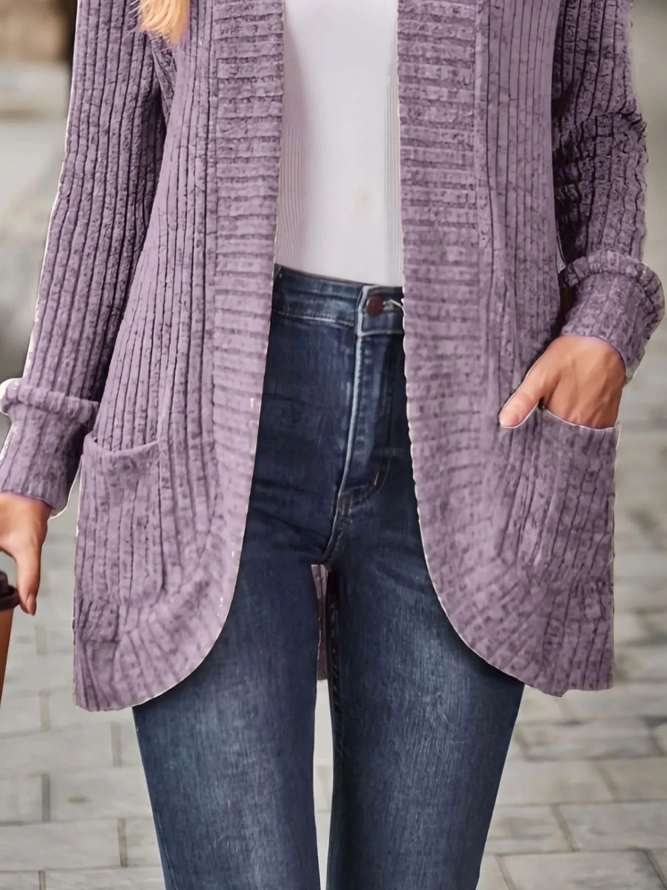 Ribbed Open Front Long Cardigan with Pockets - Maria de Fatima Andrade