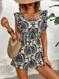 Ruffled Printed Square Neck Romper - Maria de Fatima Andrade