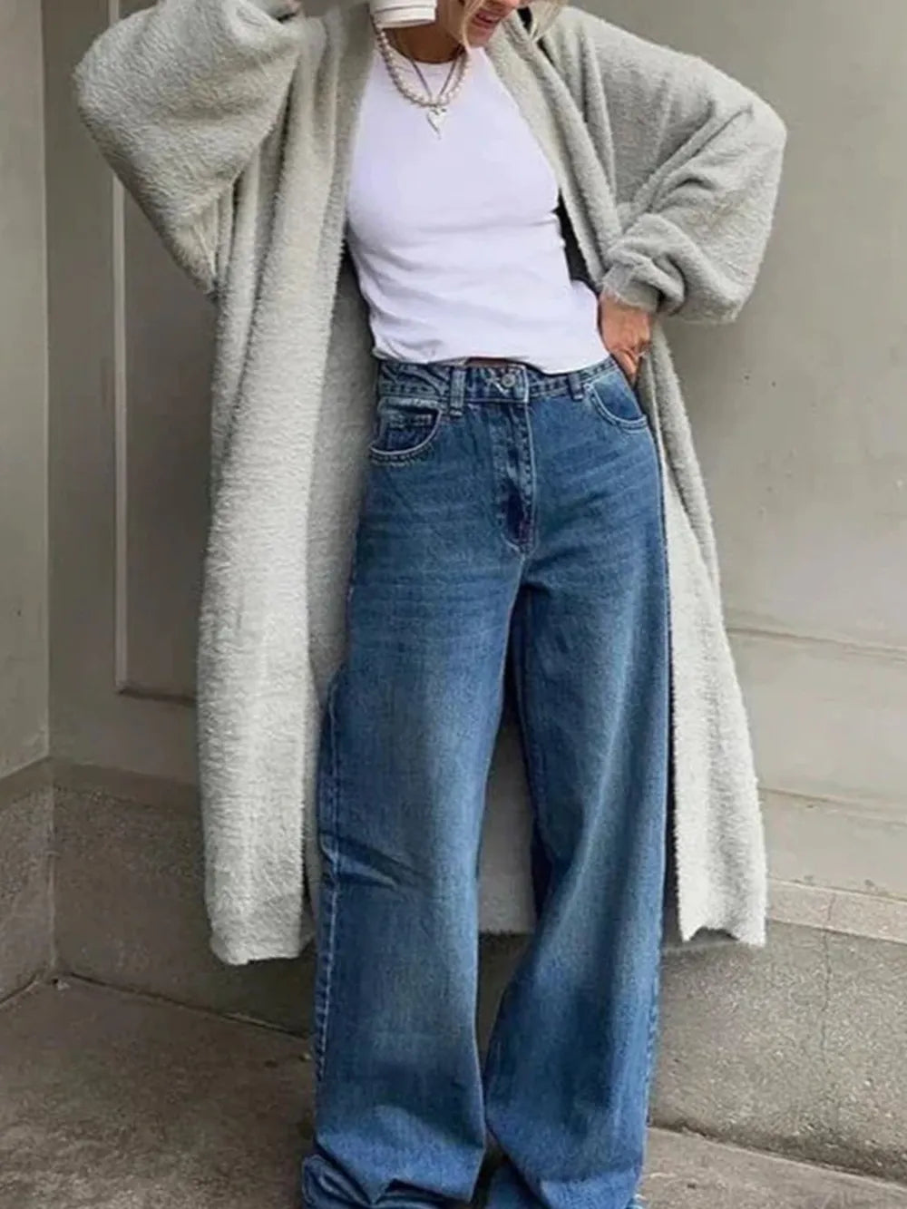 Fuzzy Open Front Solid Color Cardigan - Maria de Fatima Andrade