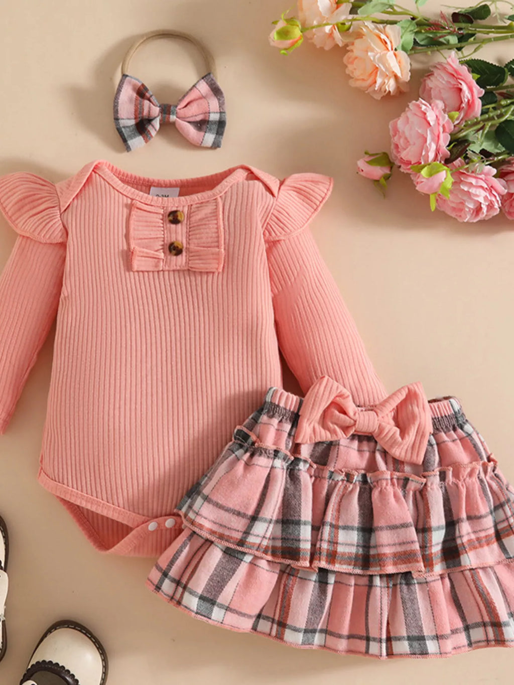 Children's Ruffled Ribbed Bodysuit and Skirt Set with Headband - Maria de Fatima Andrade