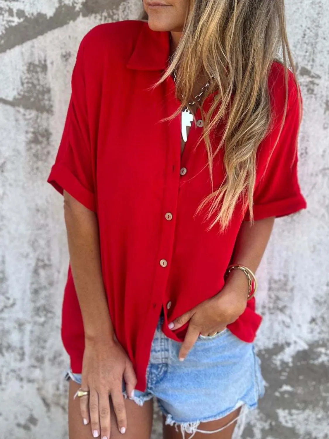Full Size Collared Neck Half Sleeve Shirt Plus Size - Maria de Fatima Andrade