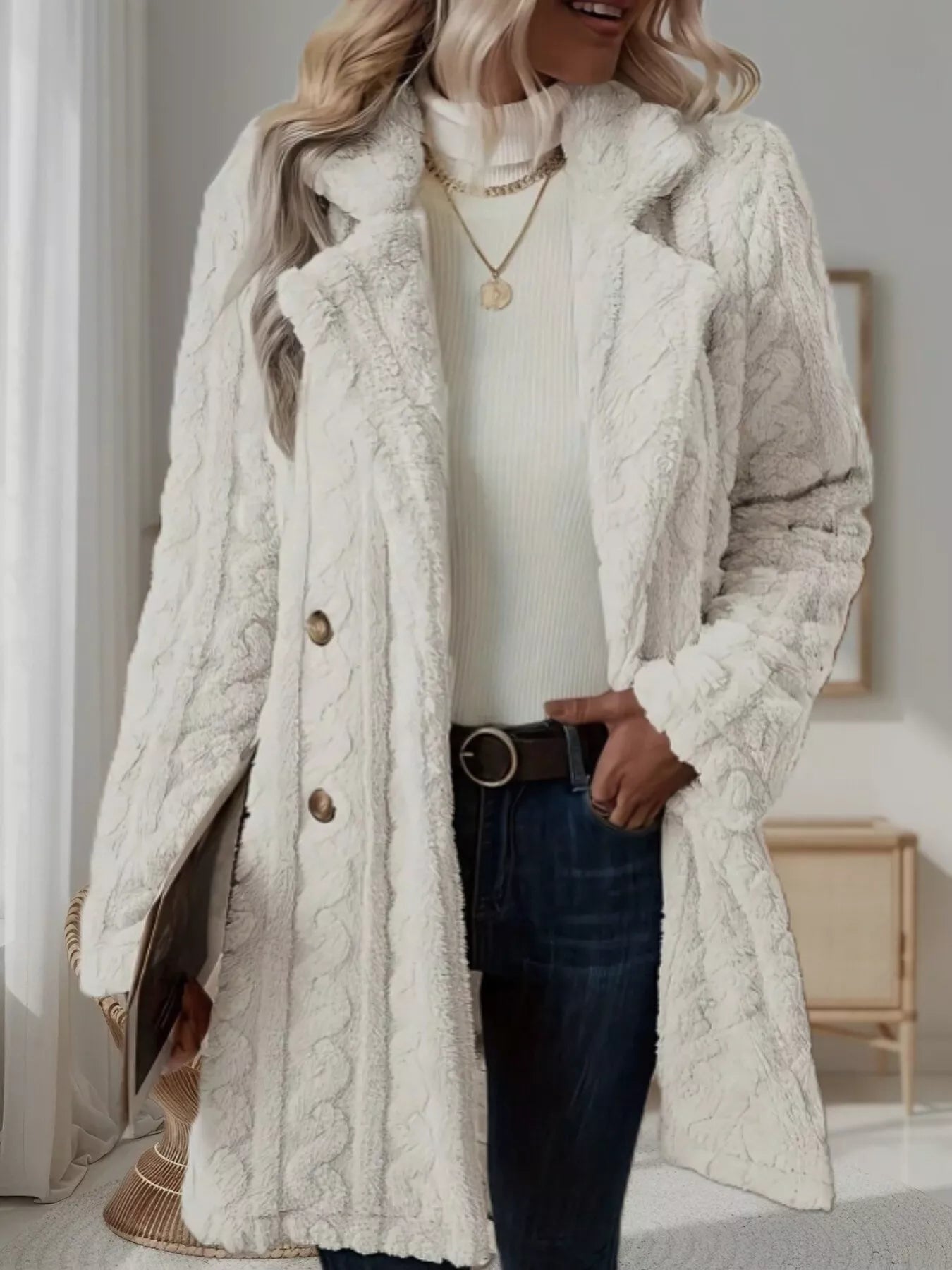 Double-Breasted Fleece Longline Coat - Maria de Fatima Andrade