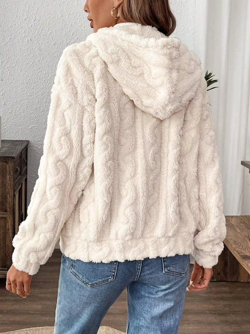 Drawstring Zip-Up Fleece Hooded Outerwear - Maria de Fatima Andrade