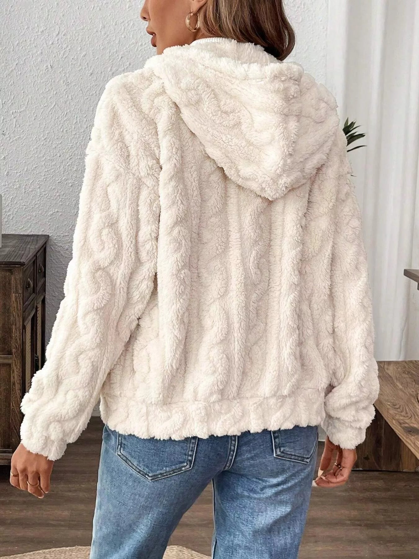 Drawstring Zip-Up Fleece Hooded Outerwear - Maria de Fatima Andrade