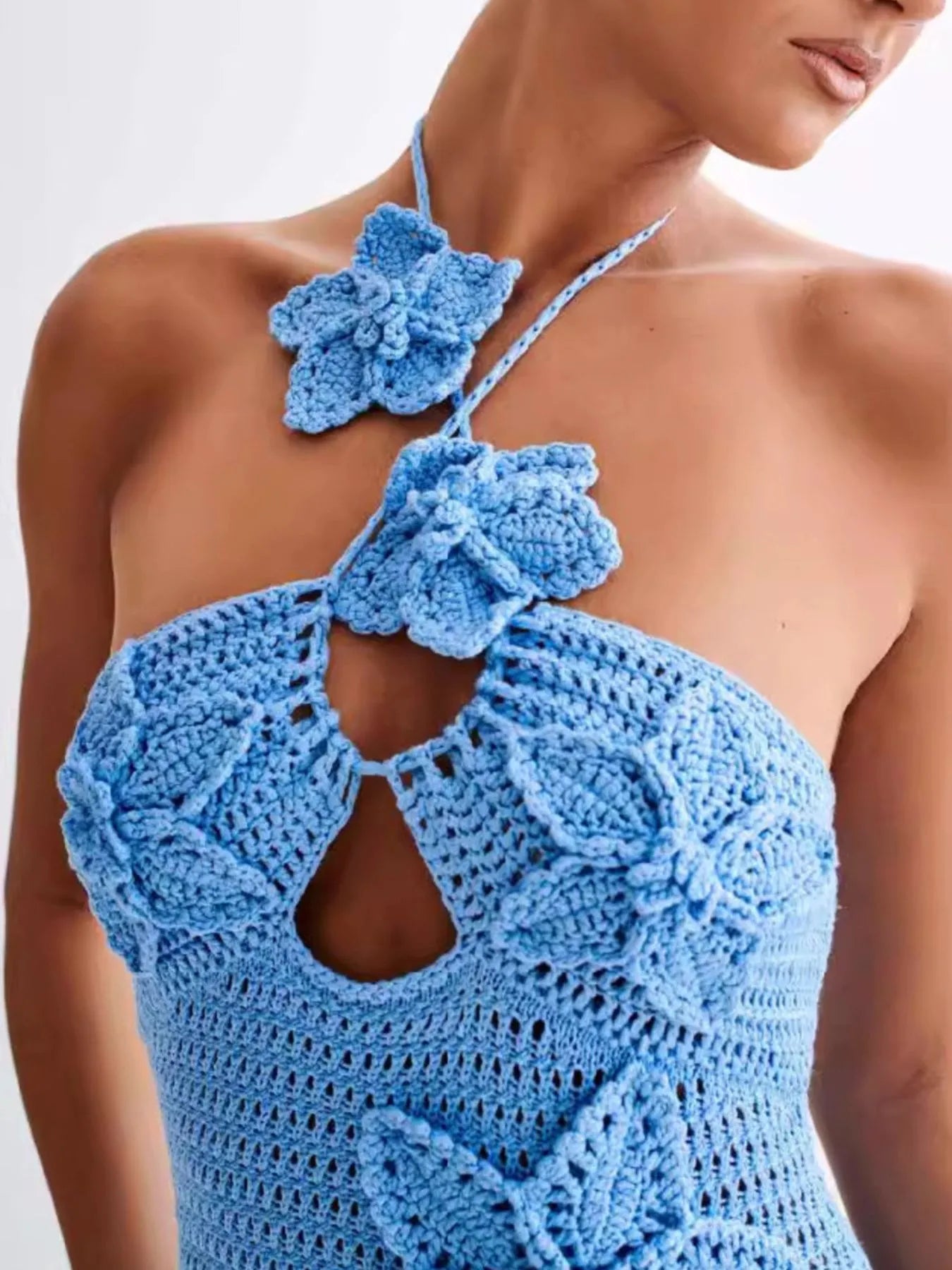 Crochet Floral Halter Knit Cover Up Dress - Maria de Fatima Andrade