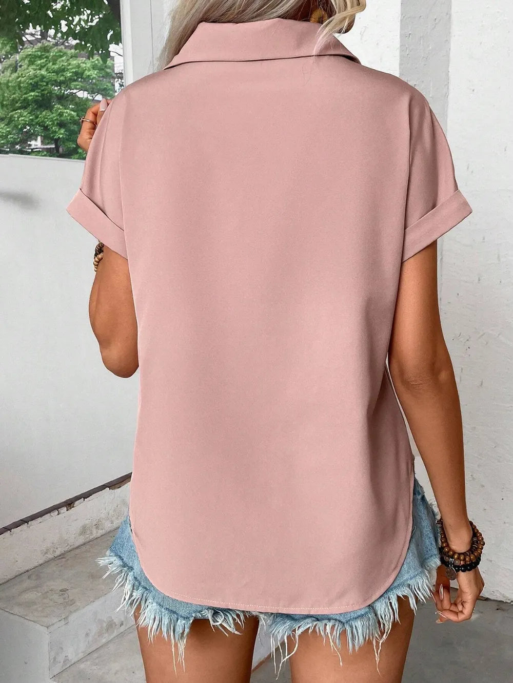 Pleated Detail Collared Neck Short Sleeve Shirt - Maria de Fatima Andrade