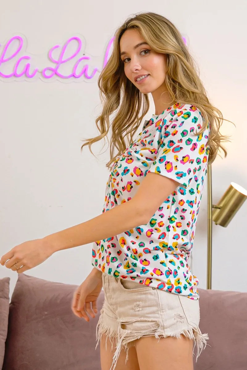 BiBi Multi Color Leopard Jersey Shirred V Neck Top - Maria de Fatima Andrade