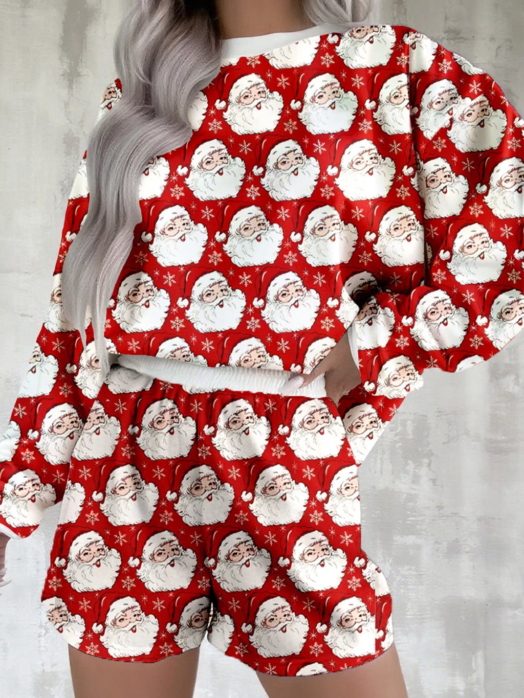 Christmas Santa Print Round Neck Top and Shorts Lounge Set - Maria de Fatima Andrade