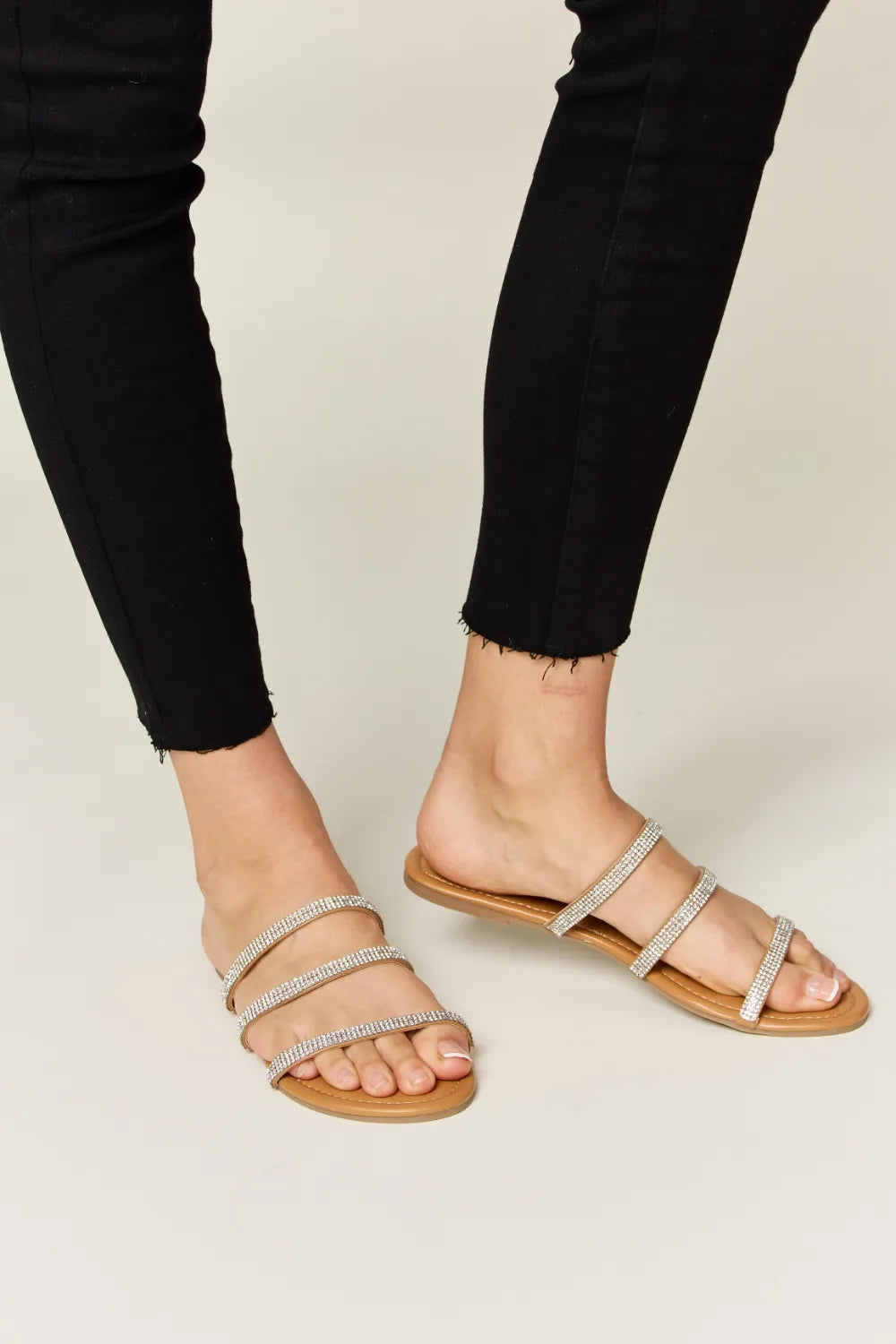 Wild Diva Rhinestone Three-Strap Flat Sandals - Maria de Fatima Andrade