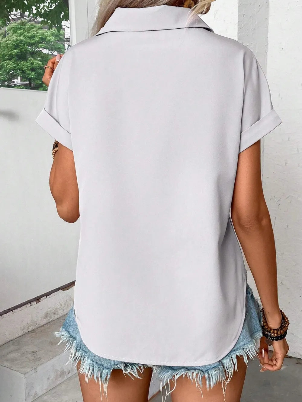 Pleated Detail Collared Neck Short Sleeve Shirt - Maria de Fatima Andrade