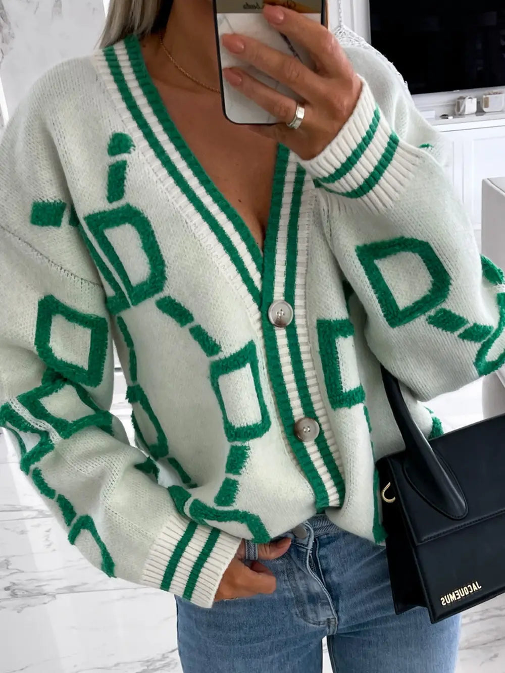 Geometric Dropped Shoulder Button Down Cardigan - Maria de Fatima Andrade