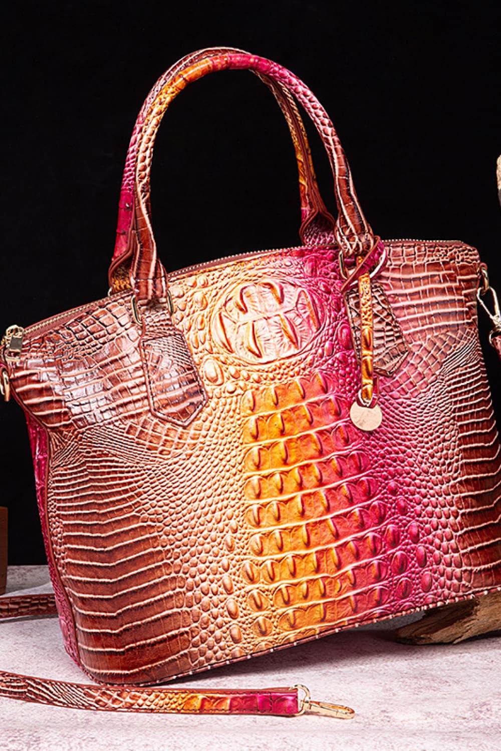 Croc-embossed PU leather handbag with dual top handles, red with yellow center panel.