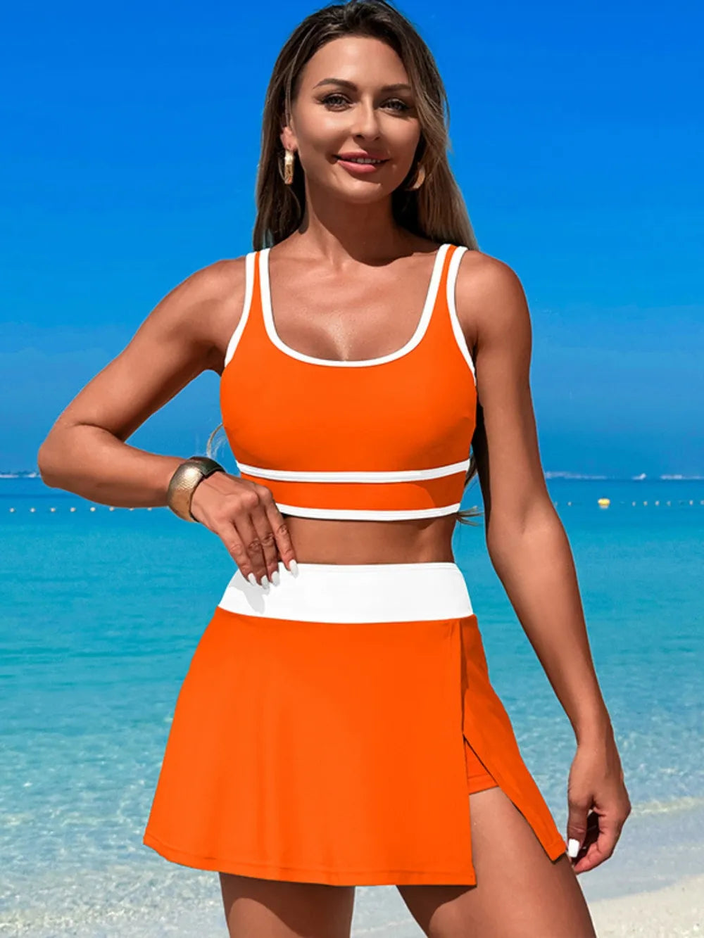 Scoop Neck Top and Skort Swim Set - Maria de Fatima Andrade