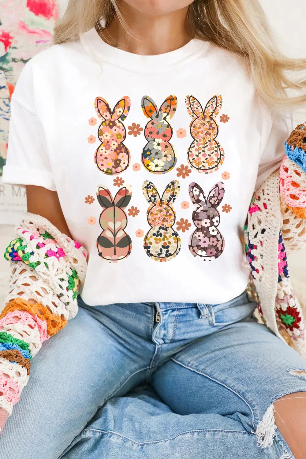 Floral Bunny Graphic Crewneck Short Sleeve T-Shirt - Maria de Fatima Andrade