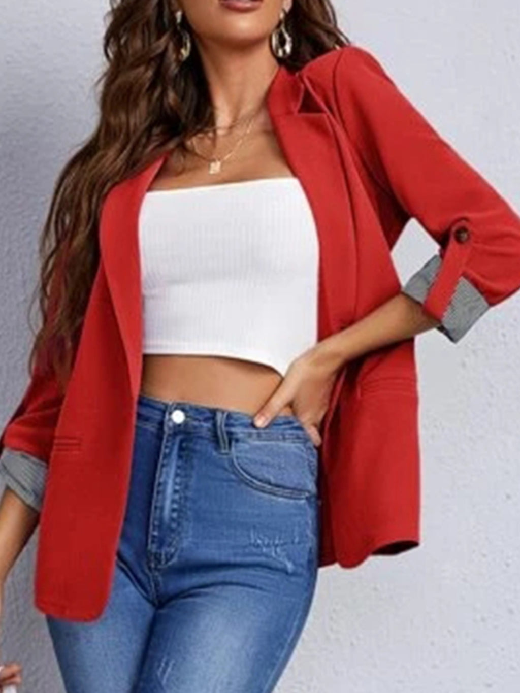 Lapel Collar Roll-Tab Sleeve Blazer - Maria de Fatima Andrade