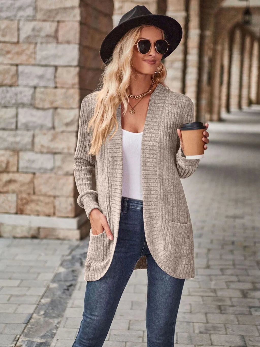 Ribbed Open Front Long Cardigan with Pockets - Maria de Fatima Andrade