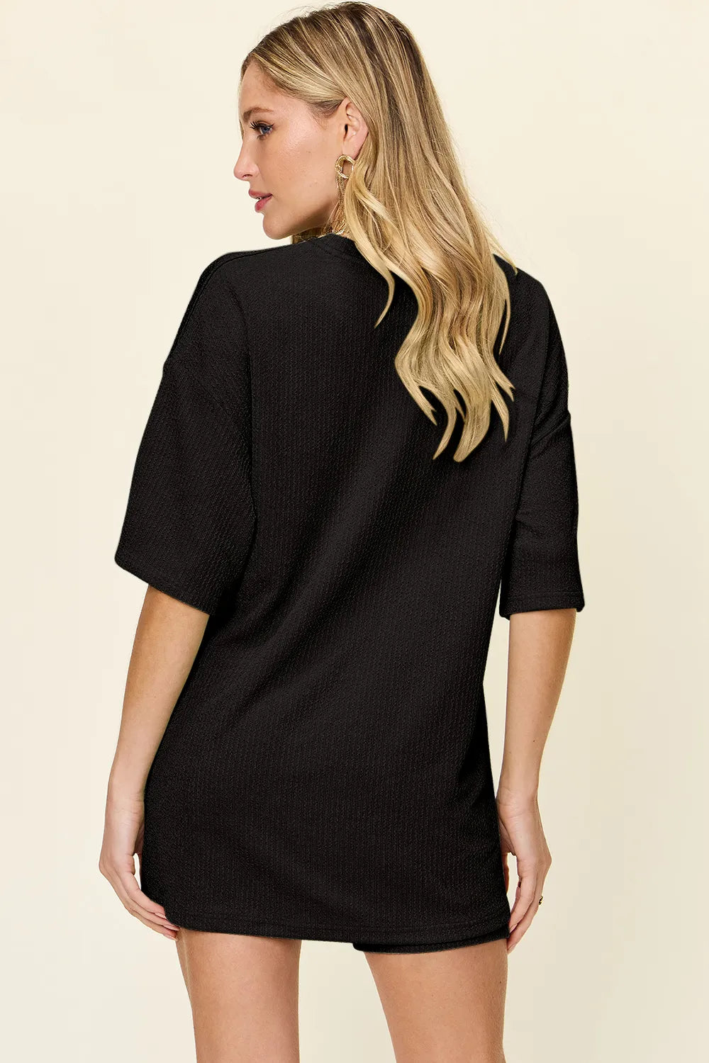 Double Take Full Size Texture Round Neck Drop Shoulder T-Shirt and Shorts Set - Maria de Fatima Andrade