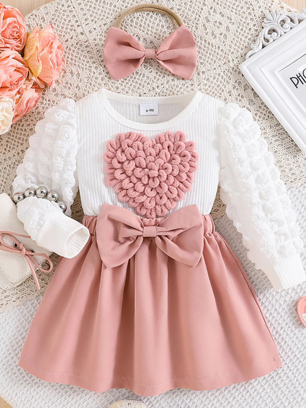 Children's Heart Bowknot Decor Dress with Headband - Maria de Fatima Andrade