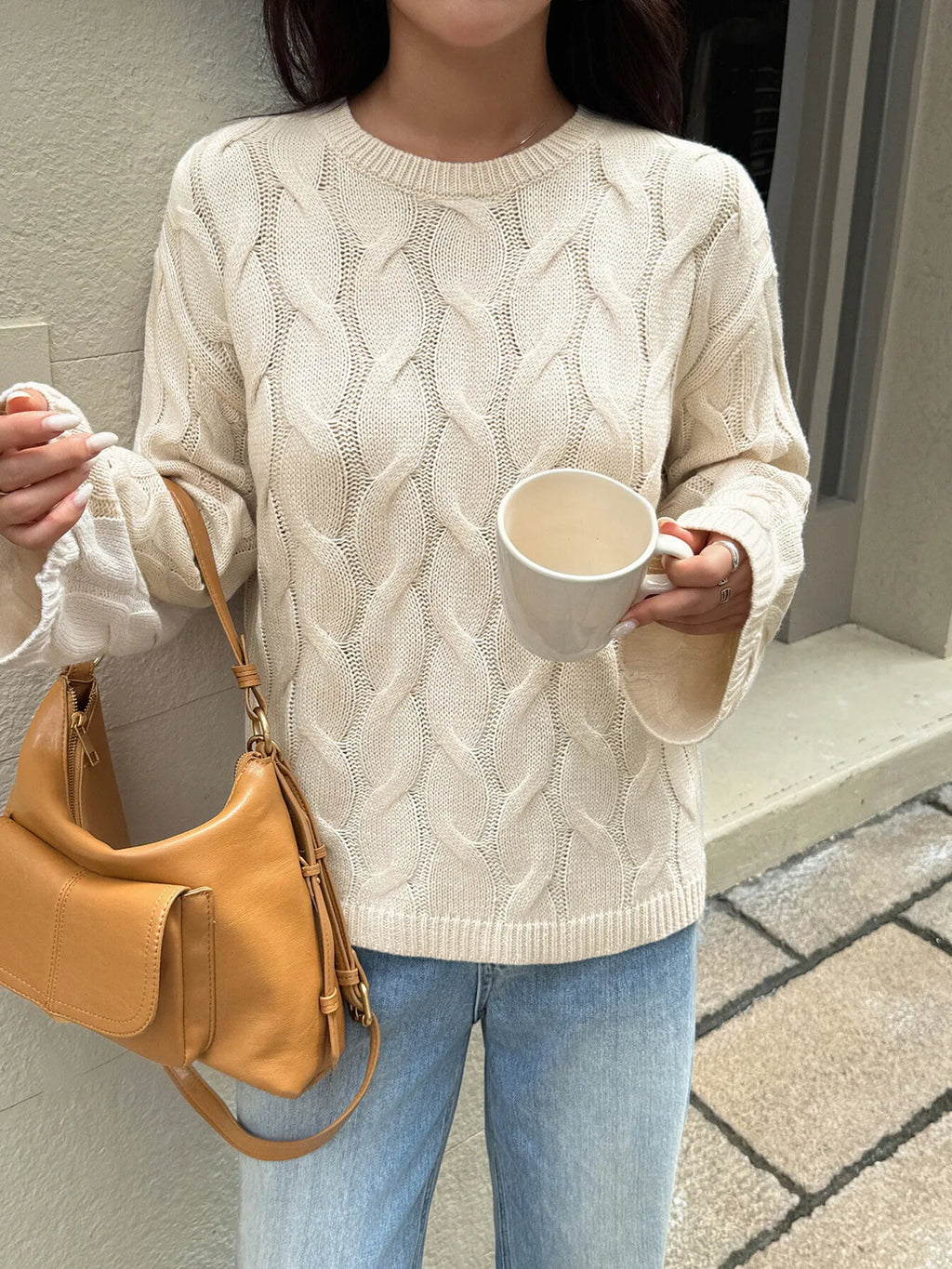 Cable Knit Long Sleeve Sweater - Maria de Fatima Andrade