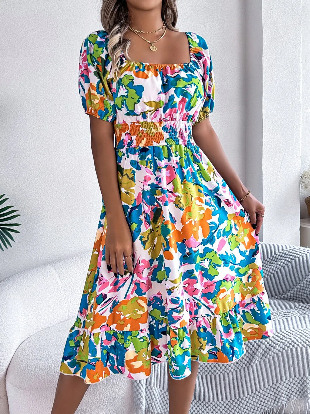 Ruffled Hem Smocked Floral Short Sleeve Midi Dress - Maria de Fatima Andrade