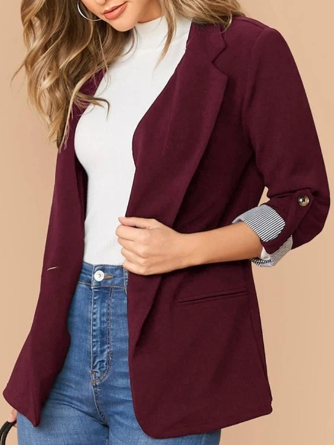 Lapel Collar Roll-Tab Sleeve Blazer - Maria de Fatima Andrade