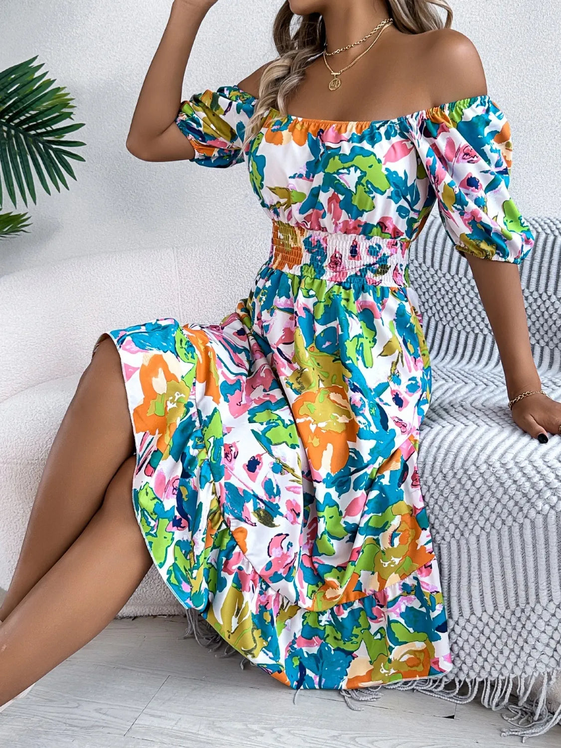 Ruffled Hem Smocked Floral Short Sleeve Midi Dress - Maria de Fatima Andrade