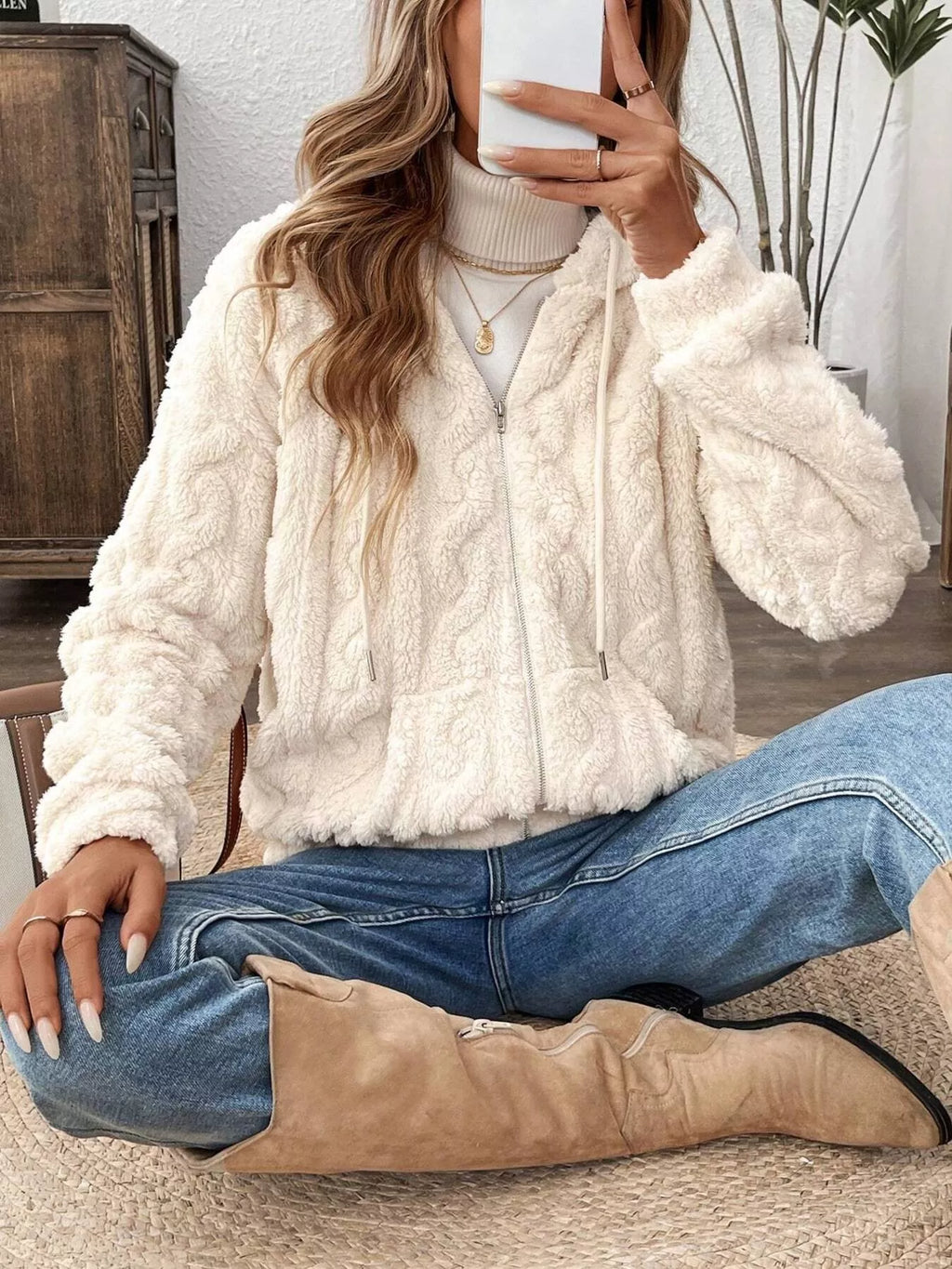 Drawstring Zip-Up Fleece Hooded Outerwear - Maria de Fatima Andrade