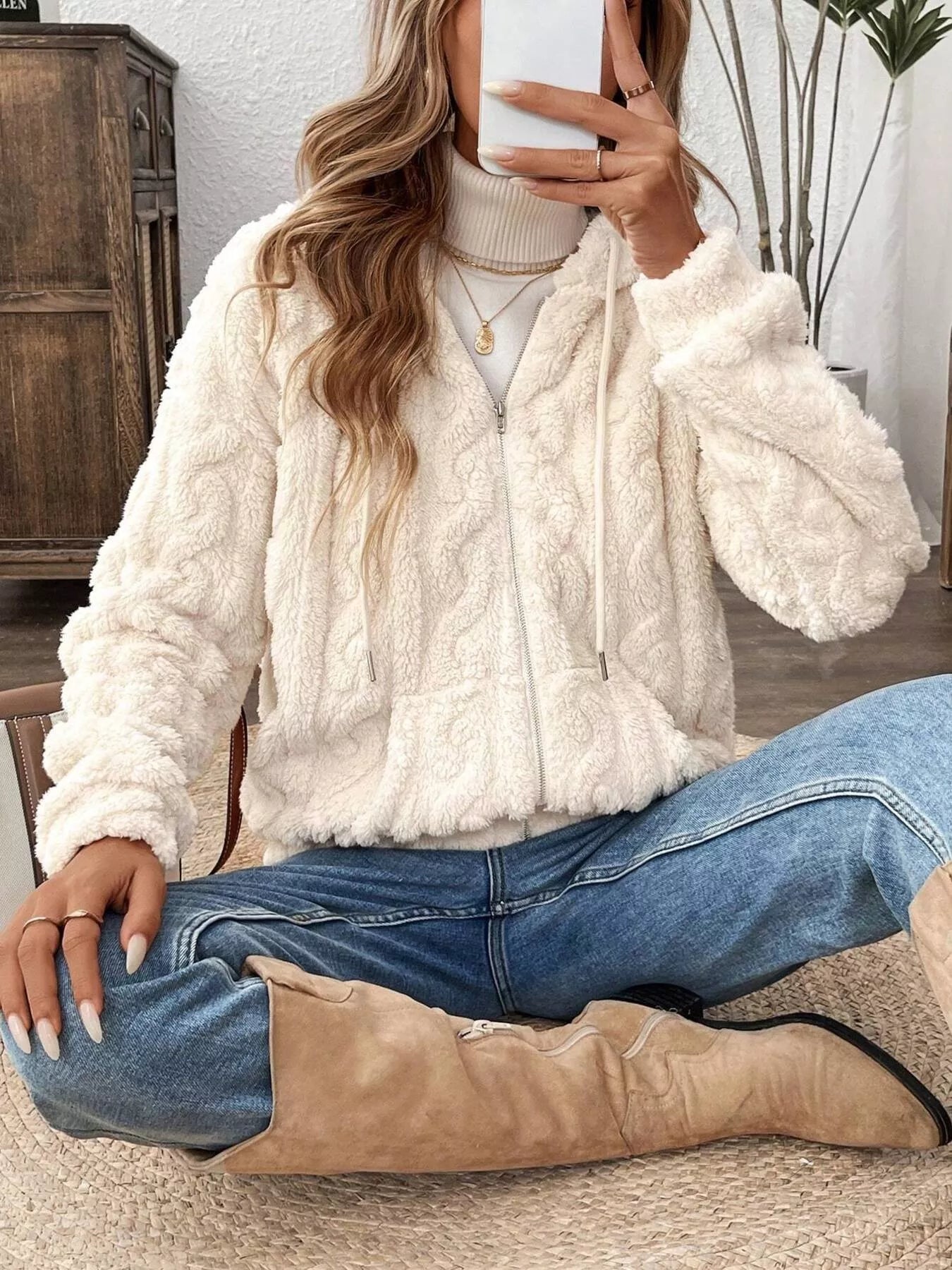 Drawstring Zip-Up Fleece Hooded Outerwear - Maria de Fatima Andrade