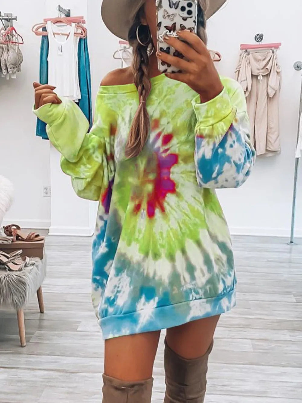 Full Size Tie-Dye Round Neck Long Sleeve Dress - Maria de Fatima Andrade