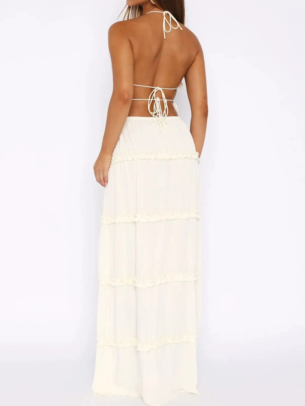 Halter Crop Backless Top and Maxi Skirt Set - Maria de Fatima Andrade