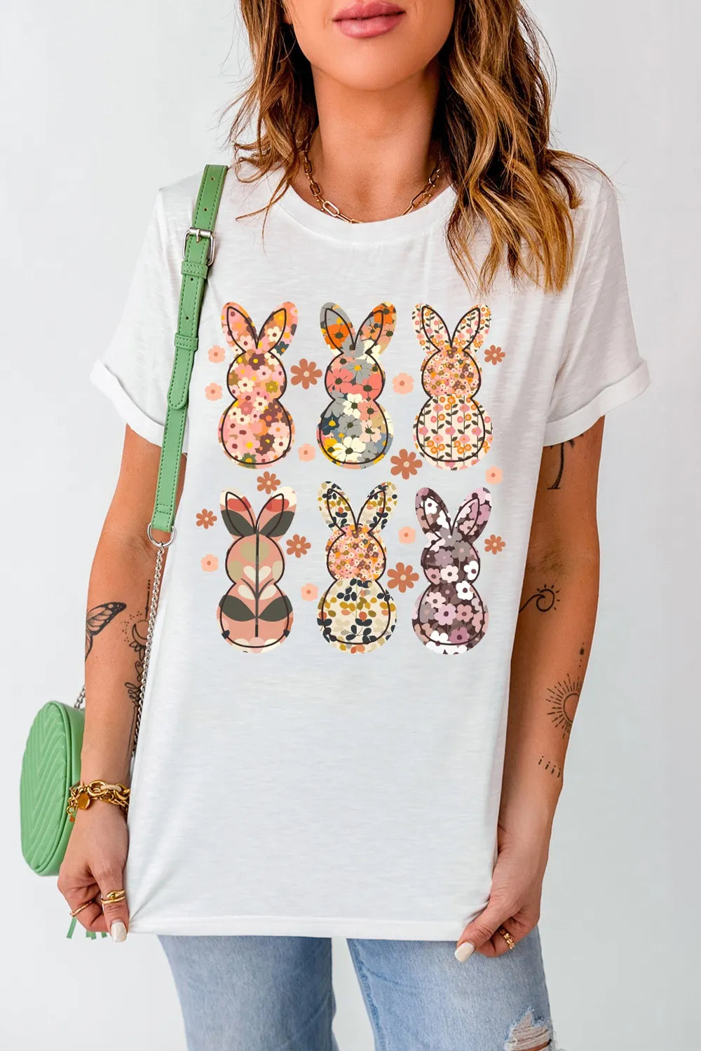 Floral Bunny Graphic Crewneck Short Sleeve T-Shirt - Maria de Fatima Andrade
