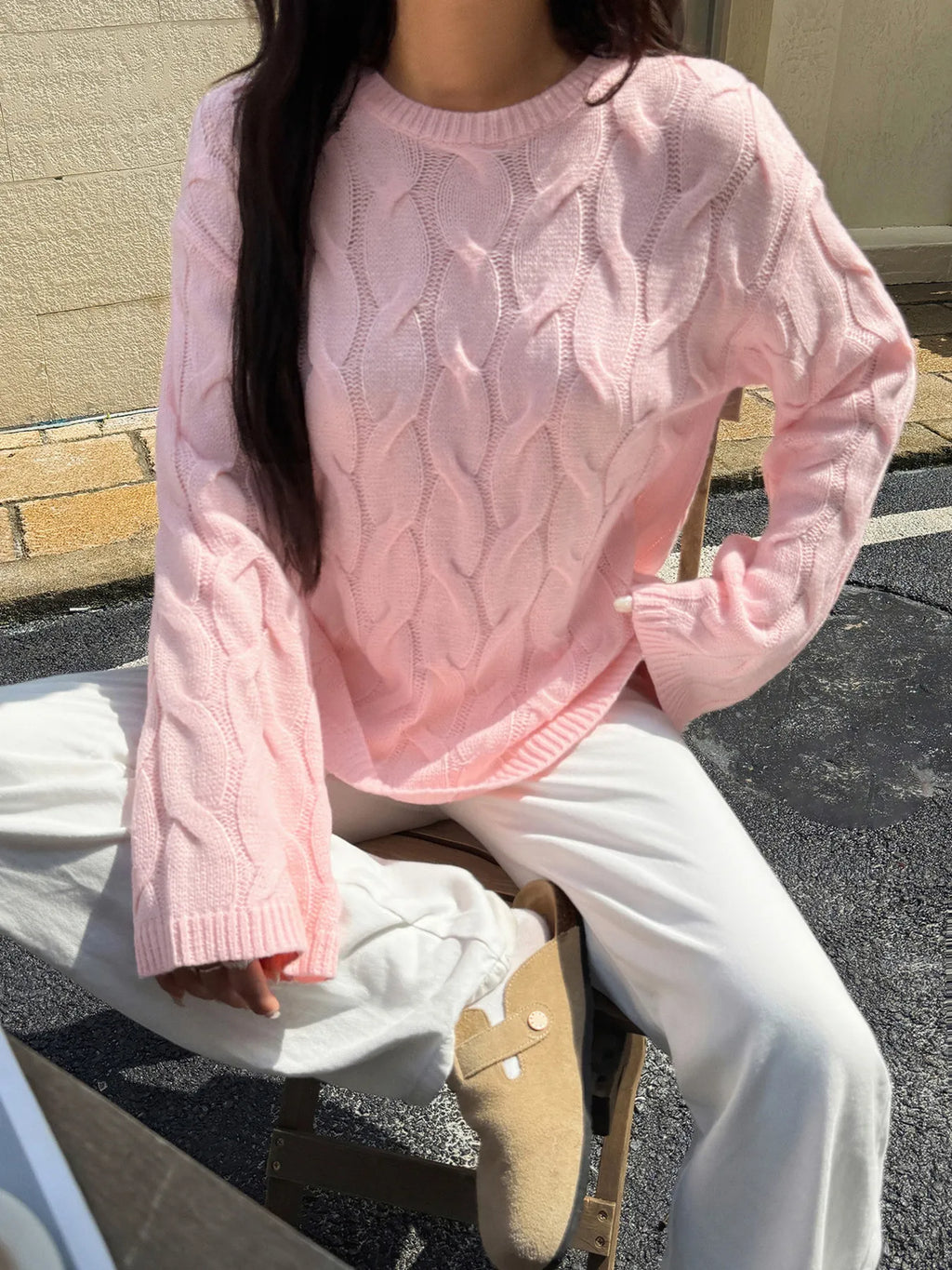 Cable Knit Long Sleeve Sweater - Maria de Fatima Andrade