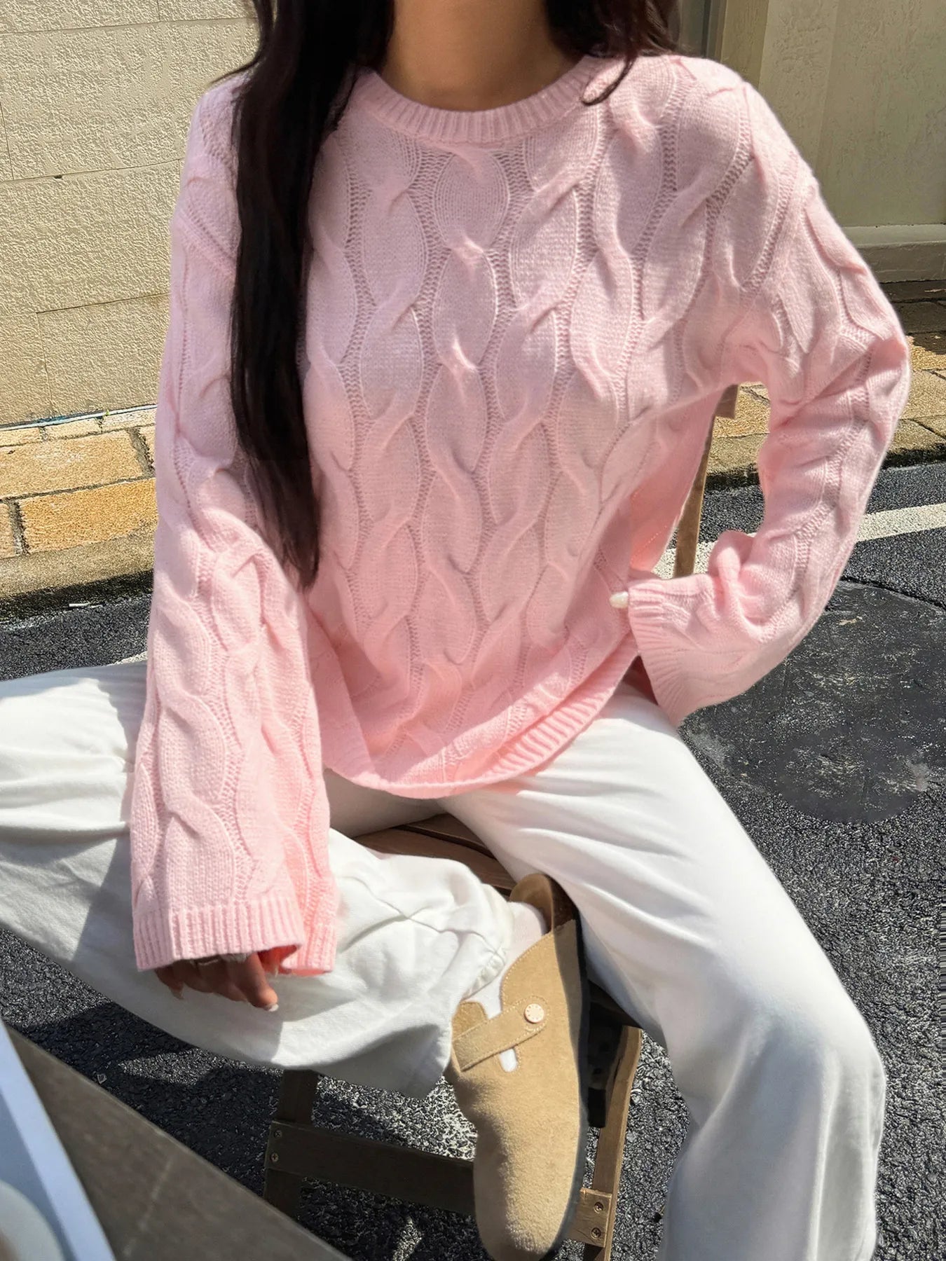 Cable Knit Long Sleeve Sweater - Maria de Fatima Andrade